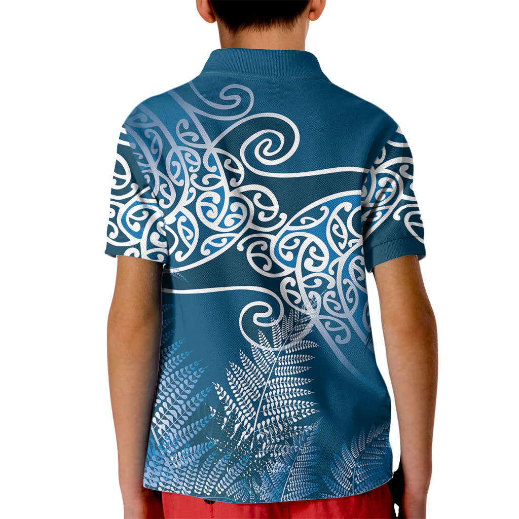 Aotearoa Maori Koru Curves Kid Polo Shirt Silver Ferns - Navy Blue LT7 - Polynesian Pride
