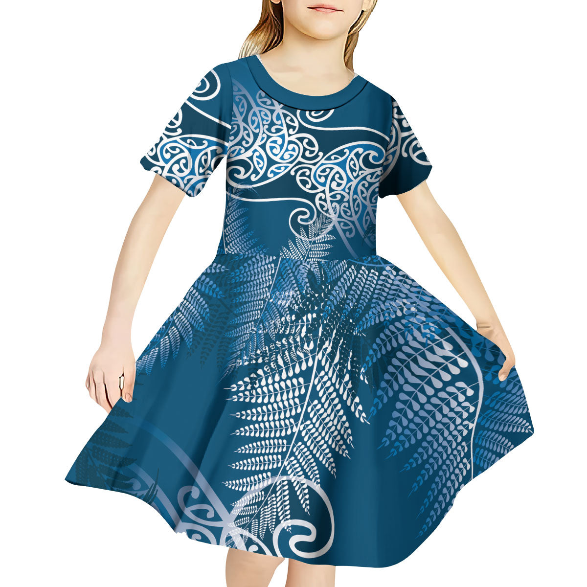 Aotearoa Maori Koru Curves Kid Short Sleeve Dress Silver Ferns - Navy Blue LT7 - Polynesian Pride