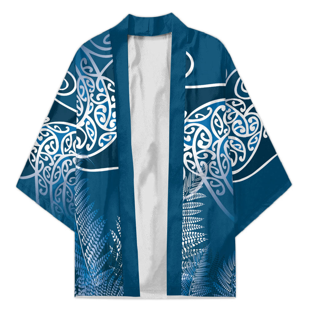 Aotearoa Maori Koru Curves Kimono Silver Ferns - Navy Blue LT7 Unisex Navy Blue - Polynesian Pride