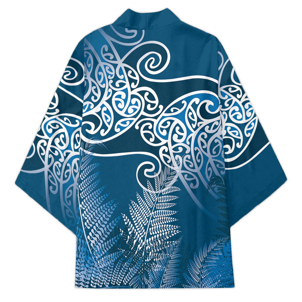 Aotearoa Maori Koru Curves Kimono Silver Ferns - Navy Blue LT7 - Polynesian Pride
