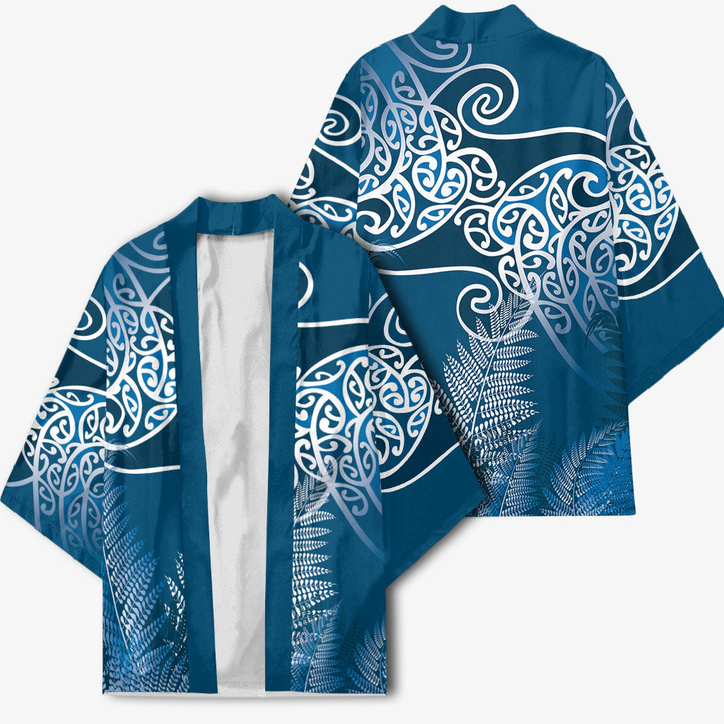 Aotearoa Maori Koru Curves Kimono Silver Ferns - Navy Blue LT7 - Polynesian Pride
