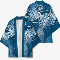 Aotearoa Maori Koru Curves Kimono Silver Ferns - Navy Blue LT7 - Polynesian Pride
