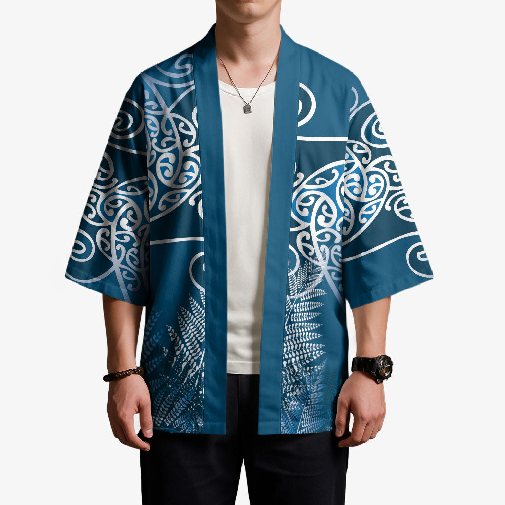 Aotearoa Maori Koru Curves Kimono Silver Ferns - Navy Blue LT7 - Polynesian Pride