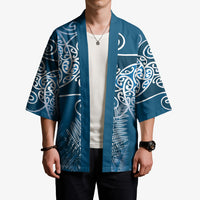 Aotearoa Maori Koru Curves Kimono Silver Ferns - Navy Blue LT7 - Polynesian Pride