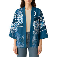 Aotearoa Maori Koru Curves Kimono Silver Ferns - Navy Blue LT7 - Polynesian Pride