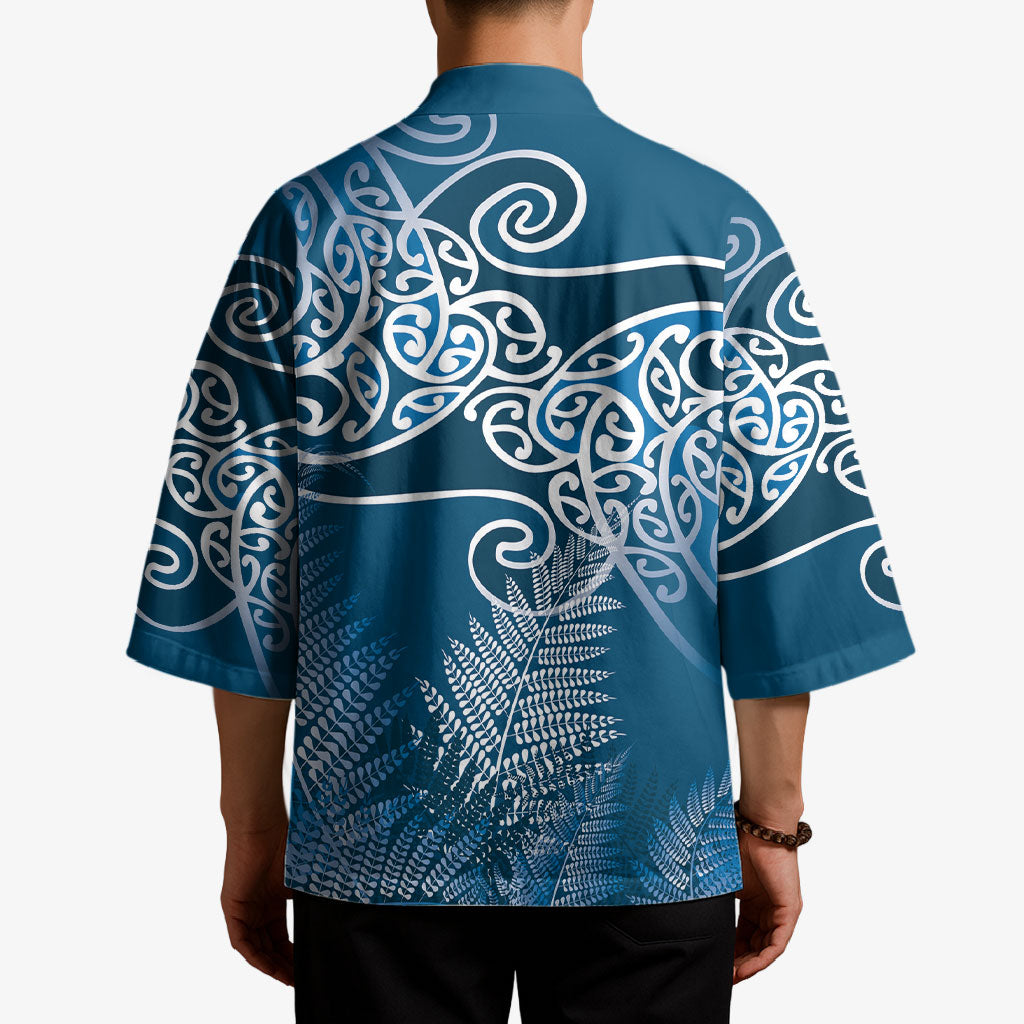 Aotearoa Maori Koru Curves Kimono Silver Ferns - Navy Blue LT7 - Polynesian Pride