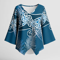 Aotearoa Maori Koru Curves Kimono Sleeve Blouse Silver Ferns - Navy Blue LT7 Female Navy Blue - Polynesian Pride