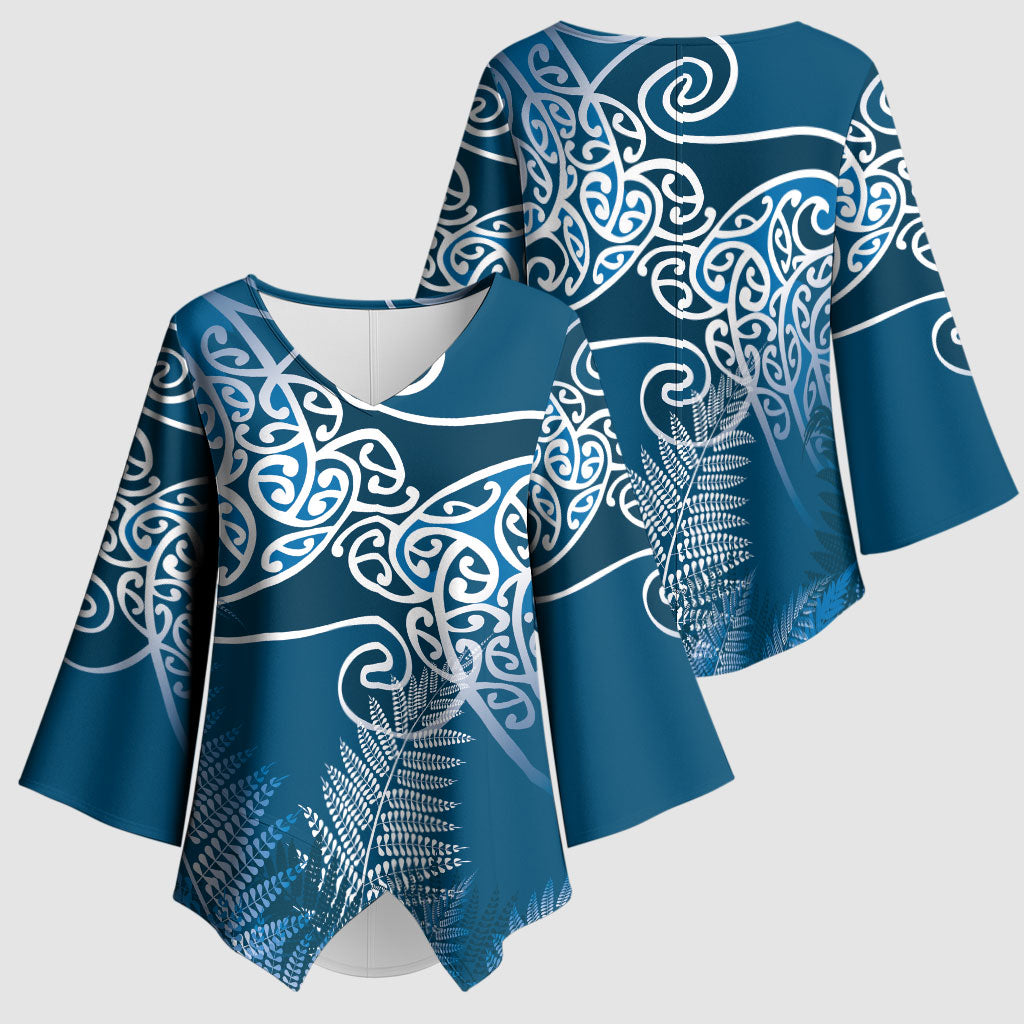 Aotearoa Maori Koru Curves Kimono Sleeve Blouse Silver Ferns - Navy Blue LT7 - Polynesian Pride