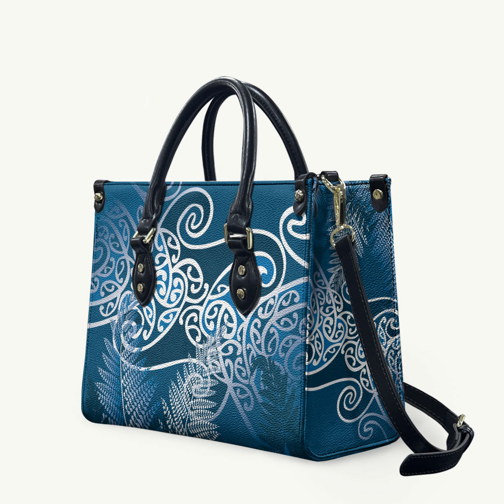 Aotearoa Maori Koru Curves Leather Bag Silver Ferns - Navy Blue LT7 Navy Blue - Polynesian Pride