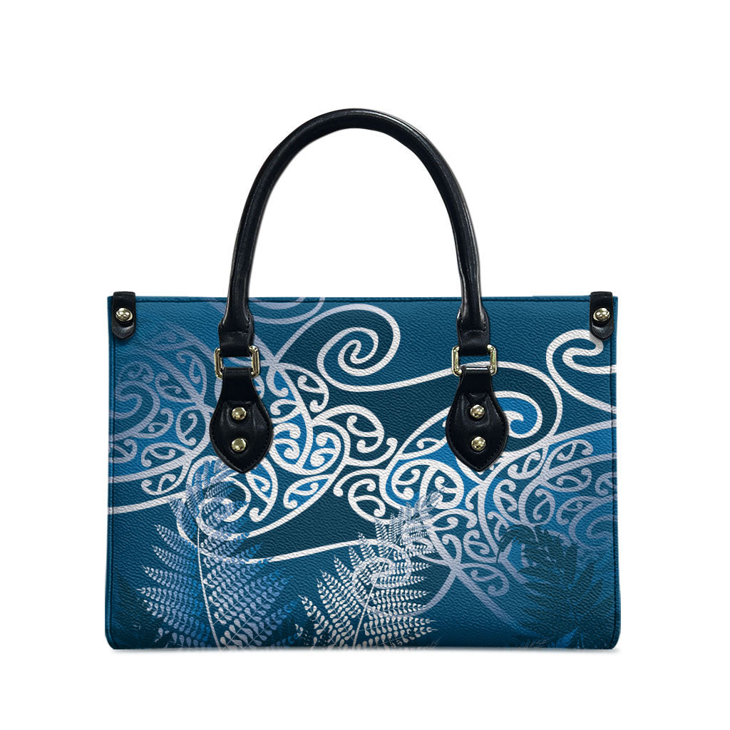 Aotearoa Maori Koru Curves Leather Bag Silver Ferns - Navy Blue LT7 - Polynesian Pride