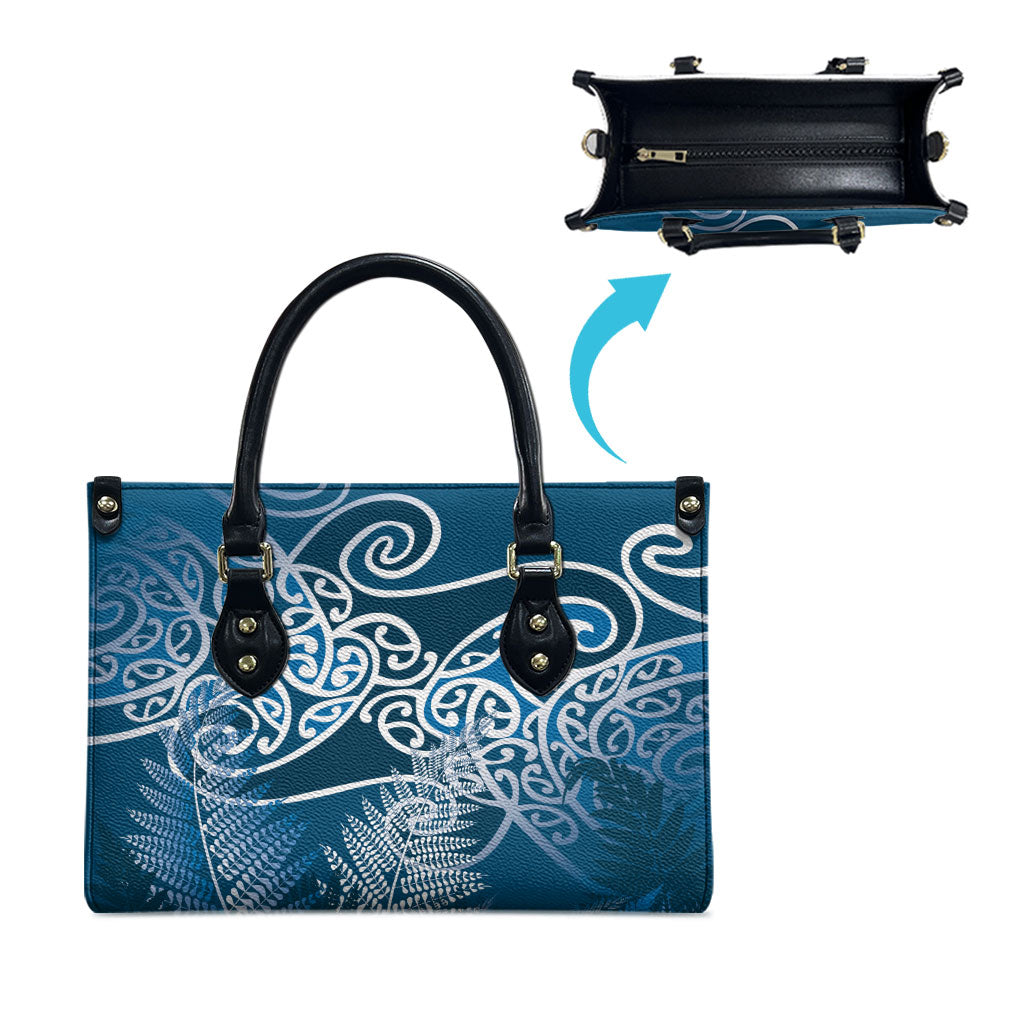 Aotearoa Maori Koru Curves Leather Bag Silver Ferns - Navy Blue LT7 - Polynesian Pride