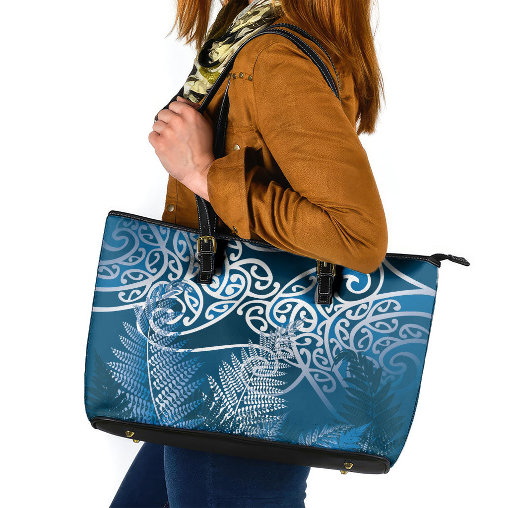 Aotearoa Maori Koru Curves Leather Tote Bag Silver Ferns - Navy Blue LT7 Navy Blue - Polynesian Pride