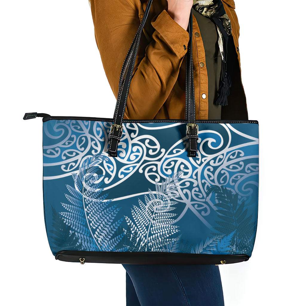 Aotearoa Maori Koru Curves Leather Tote Bag Silver Ferns - Navy Blue LT7 - Polynesian Pride