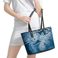 Aotearoa Maori Koru Curves Leather Tote Bag Silver Ferns - Navy Blue LT7 - Polynesian Pride