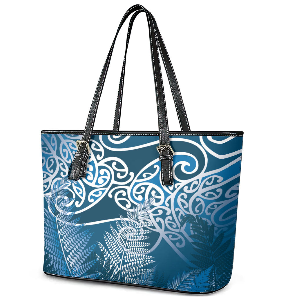 Aotearoa Maori Koru Curves Leather Tote Bag Silver Ferns - Navy Blue LT7 - Polynesian Pride