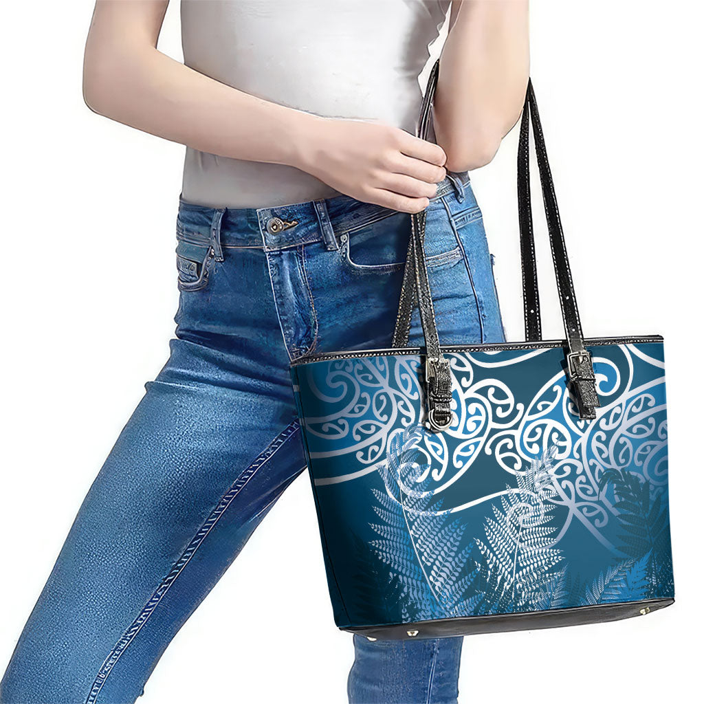 Aotearoa Maori Koru Curves Leather Tote Bag Silver Ferns - Navy Blue LT7 - Polynesian Pride