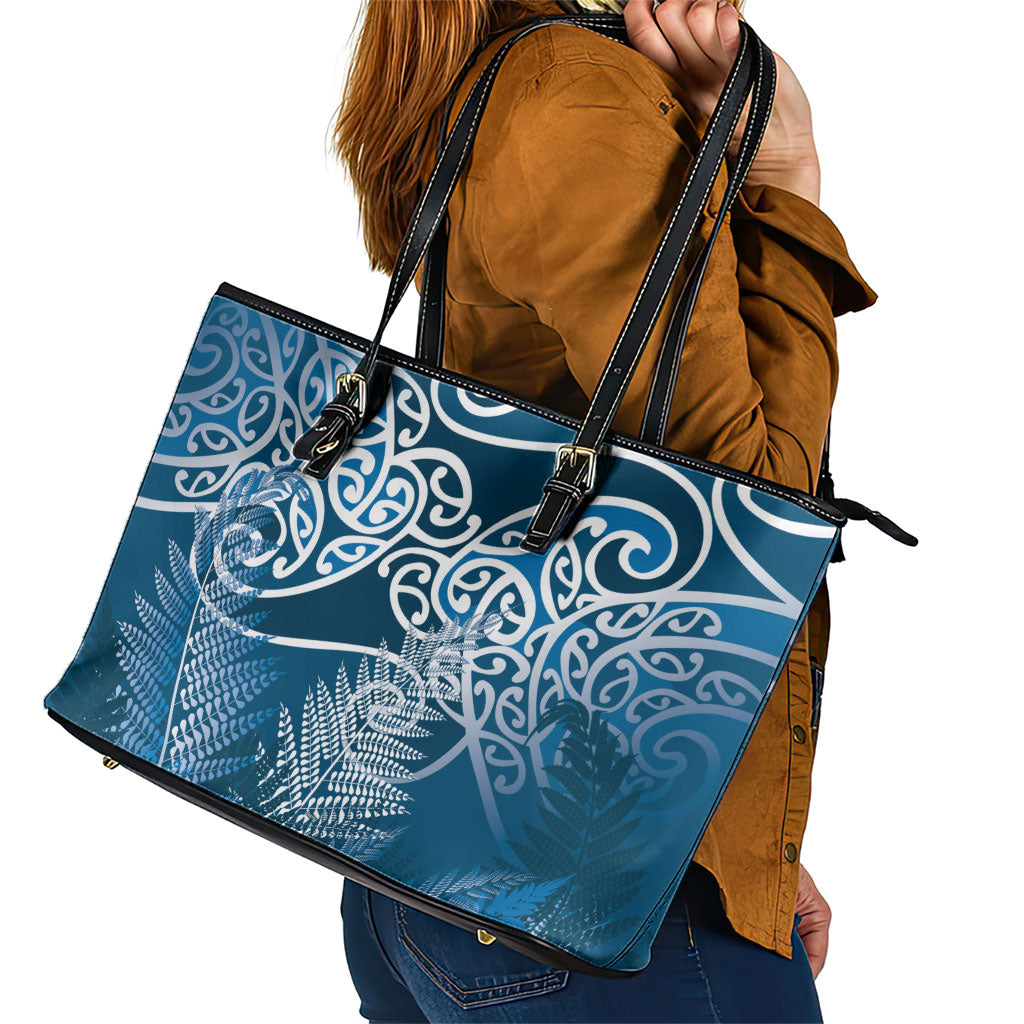 Aotearoa Maori Koru Curves Leather Tote Bag Silver Ferns - Navy Blue LT7 - Polynesian Pride