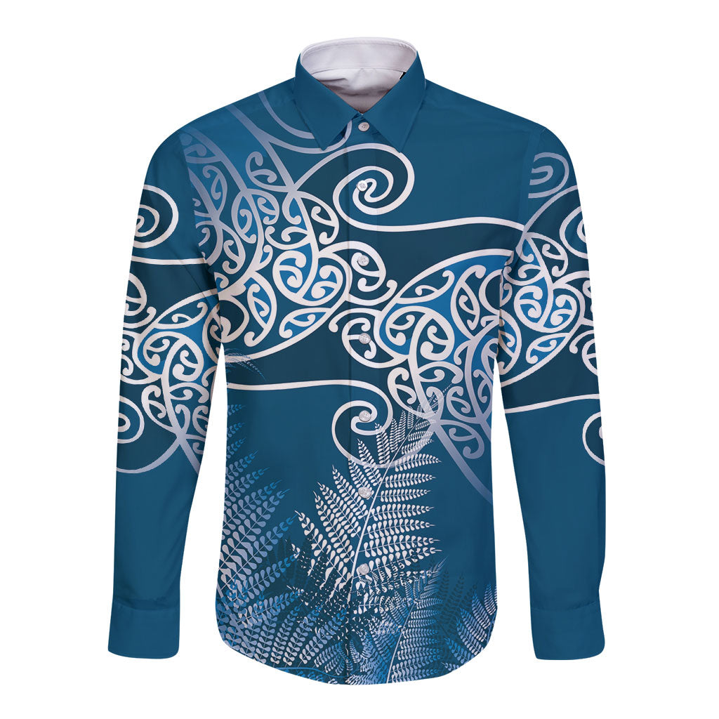 Aotearoa Maori Koru Curves Long Sleeve Button Shirt Silver Ferns - Navy Blue LT7 Unisex Navy Blue - Polynesian Pride