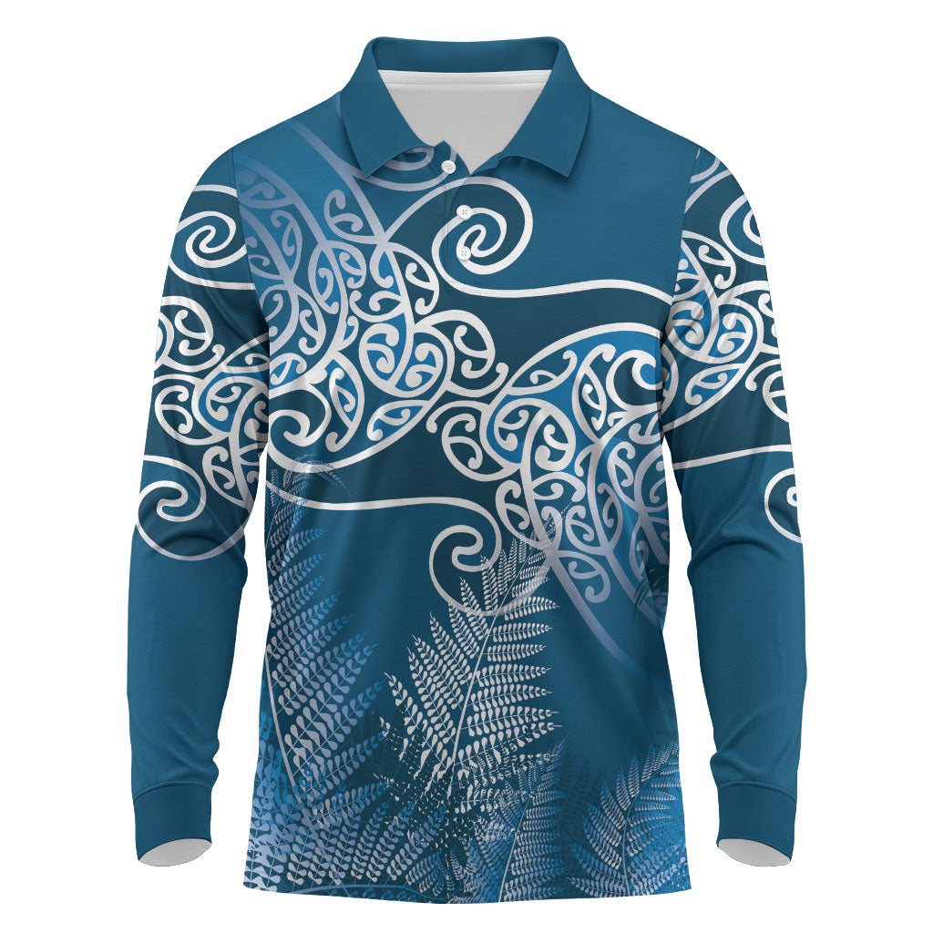 Aotearoa Maori Koru Curves Long Sleeve Polo Shirt Silver Ferns - Navy Blue LT7 Navy Blue - Polynesian Pride