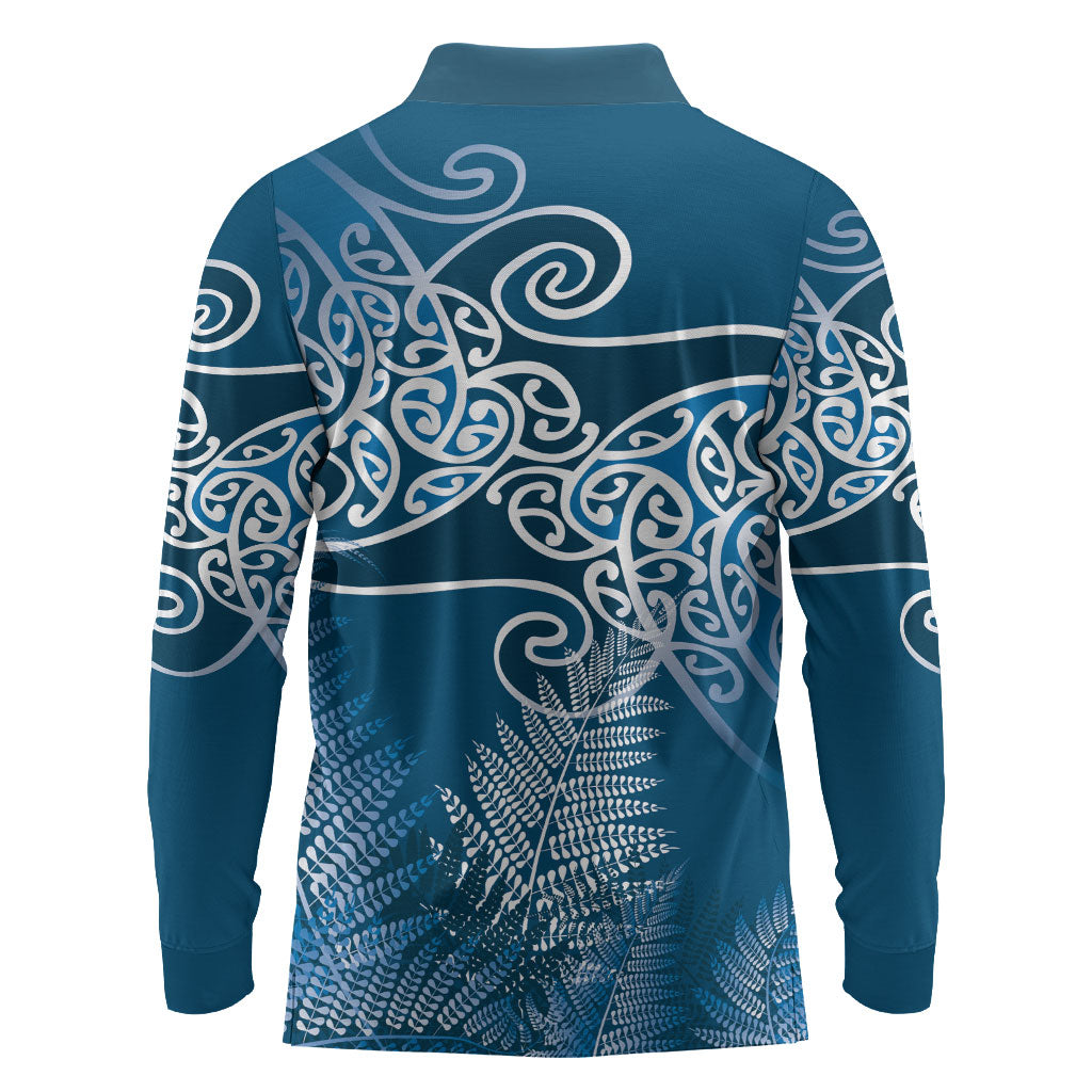 Aotearoa Maori Koru Curves Long Sleeve Polo Shirt Silver Ferns - Navy Blue LT7 - Polynesian Pride