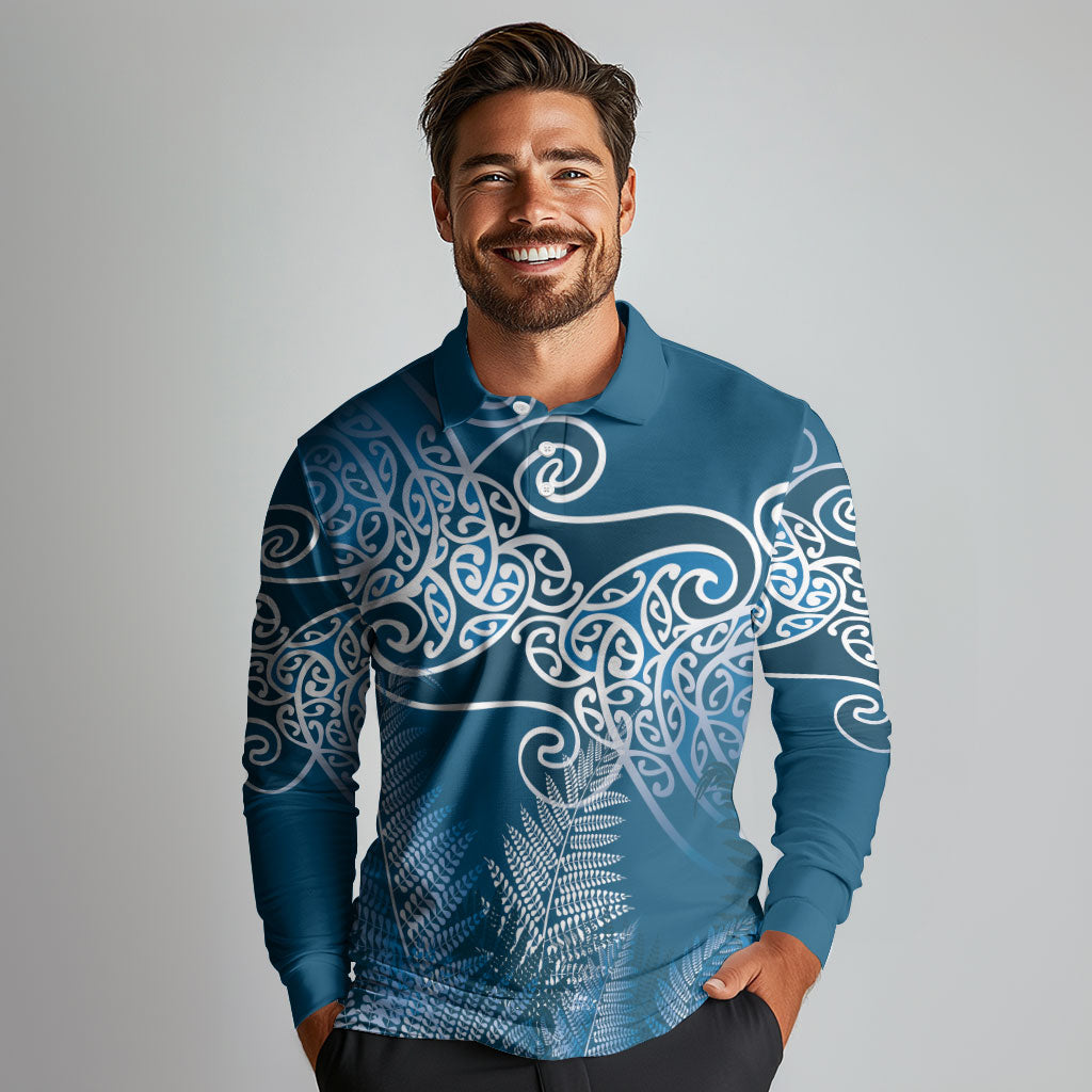 Aotearoa Maori Koru Curves Long Sleeve Polo Shirt Silver Ferns - Navy Blue LT7 - Polynesian Pride