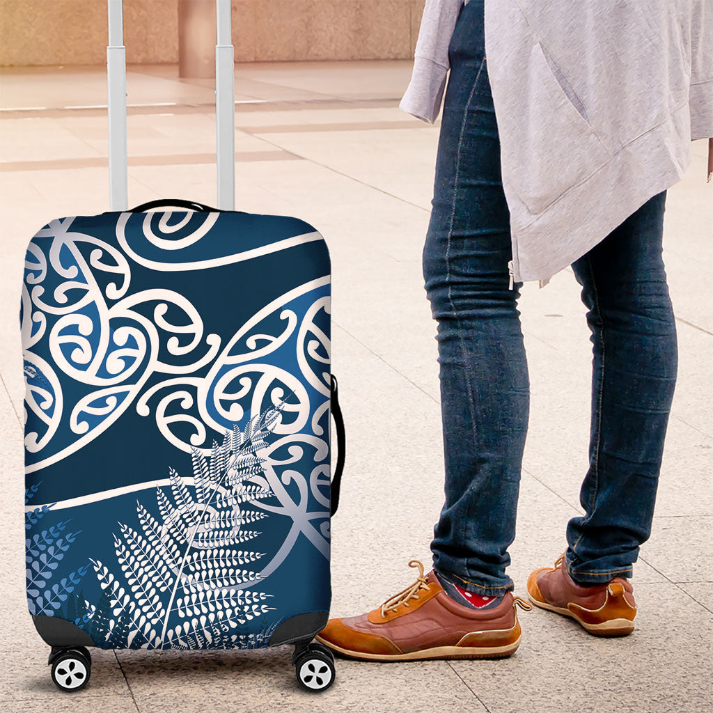 Aotearoa Maori Koru Curves Luggage Cover Silver Ferns - Navy Blue LT7 Navy Blue - Polynesian Pride