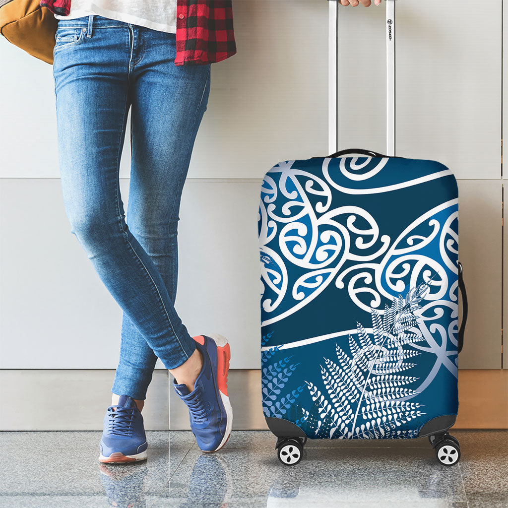 Aotearoa Maori Koru Curves Luggage Cover Silver Ferns - Navy Blue LT7 - Polynesian Pride