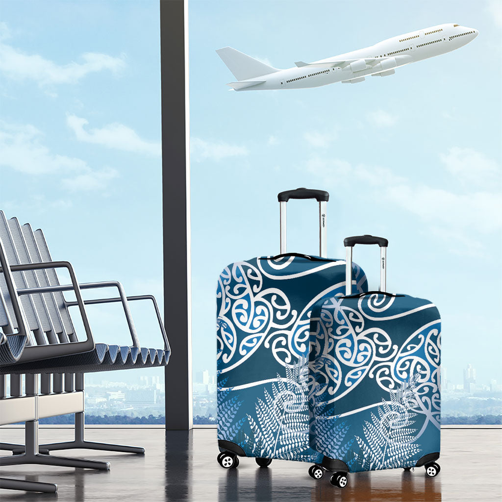 Aotearoa Maori Koru Curves Luggage Cover Silver Ferns - Navy Blue LT7 - Polynesian Pride