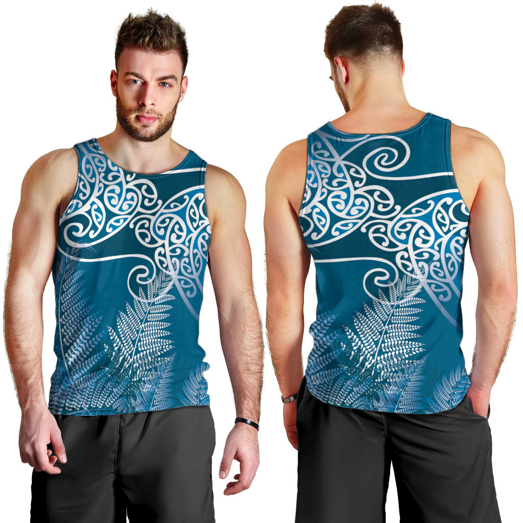 Aotearoa Maori Koru Curves Men Tank Top Silver Ferns - Navy Blue LT7 - Polynesian Pride