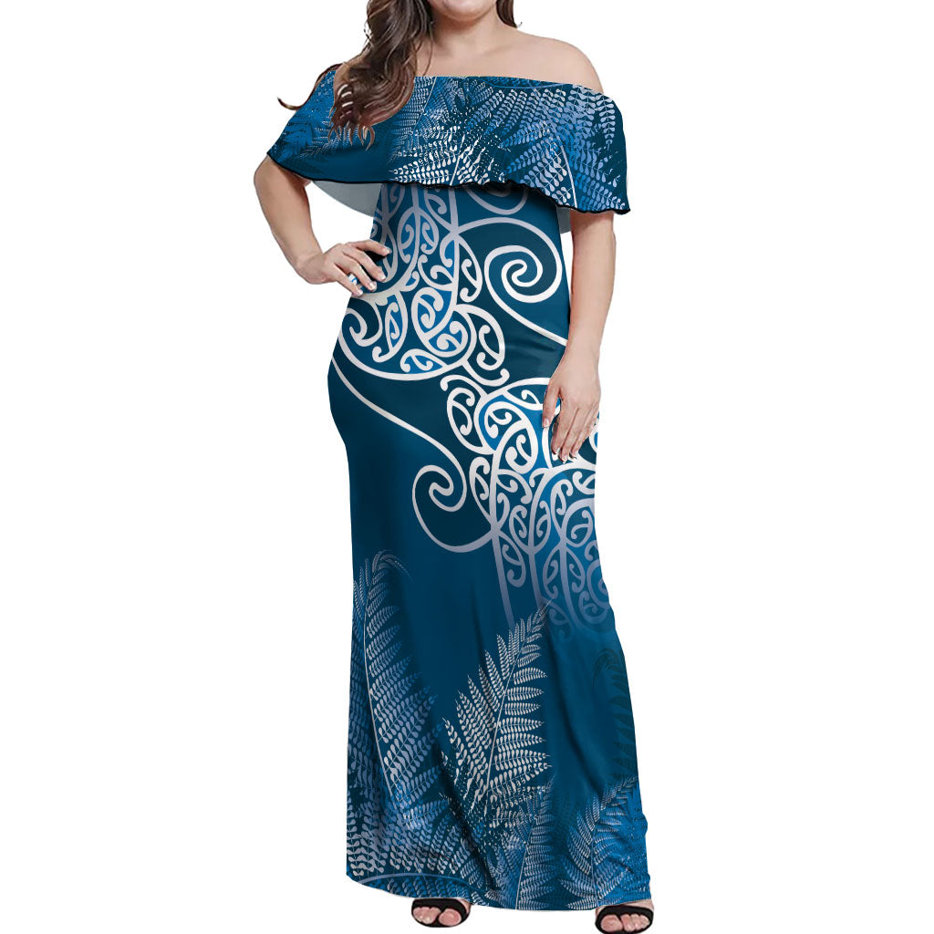 Aotearoa Maori Koru Curves Off Shoulder Maxi Dress Silver Ferns - Navy Blue LT7 Women Navy Blue - Polynesian Pride