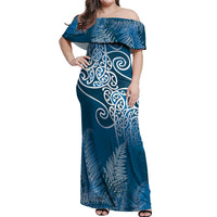 Aotearoa Maori Koru Curves Off Shoulder Maxi Dress Silver Ferns - Navy Blue LT7 Women Navy Blue - Polynesian Pride