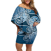 Aotearoa Maori Koru Curves Off Shoulder Short Dress Silver Ferns - Navy Blue LT7 Women Navy Blue - Polynesian Pride