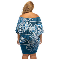 Aotearoa Maori Koru Curves Off Shoulder Short Dress Silver Ferns - Navy Blue LT7 - Polynesian Pride
