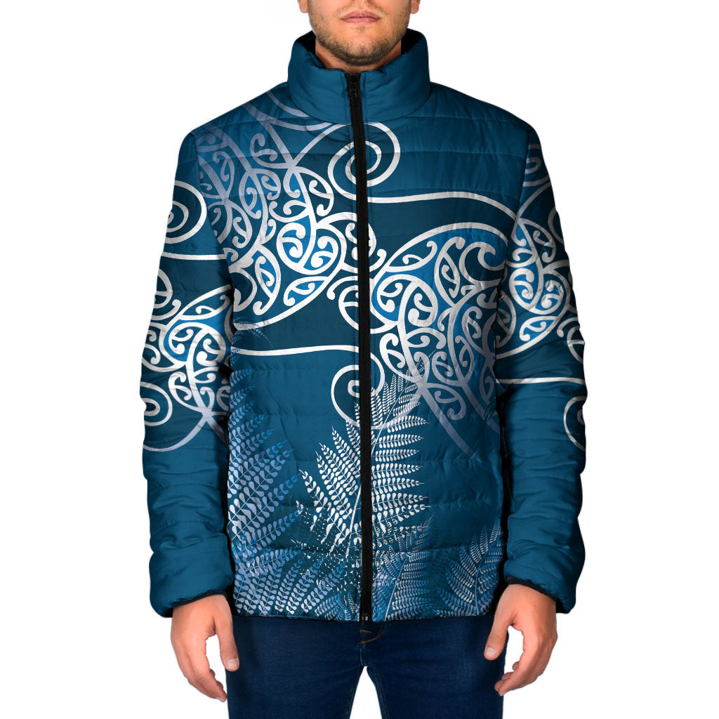 Aotearoa Maori Koru Curves Padded Jacket Silver Ferns - Navy Blue LT7 Men Navy Blue - Polynesian Pride