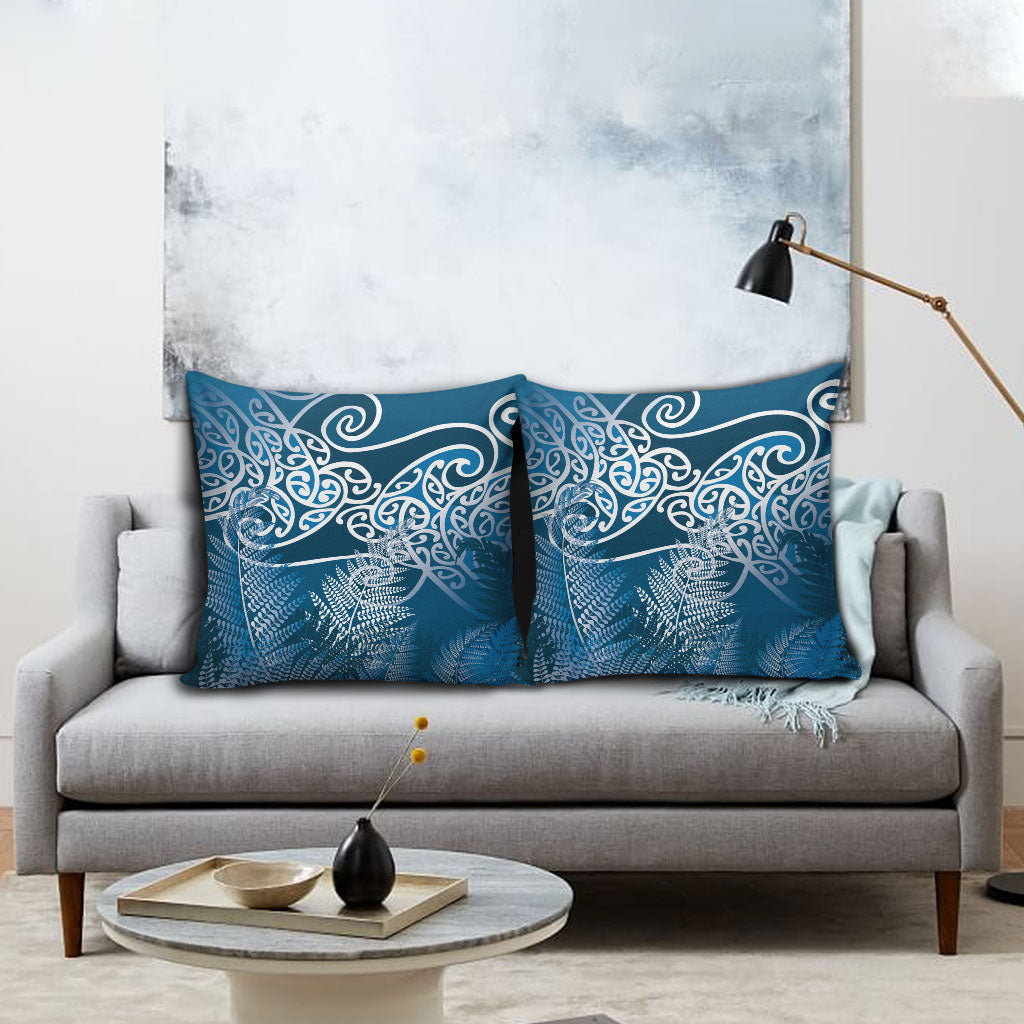 Aotearoa Maori Koru Curves Pillow Cover Silver Ferns - Navy Blue LT7 - Polynesian Pride
