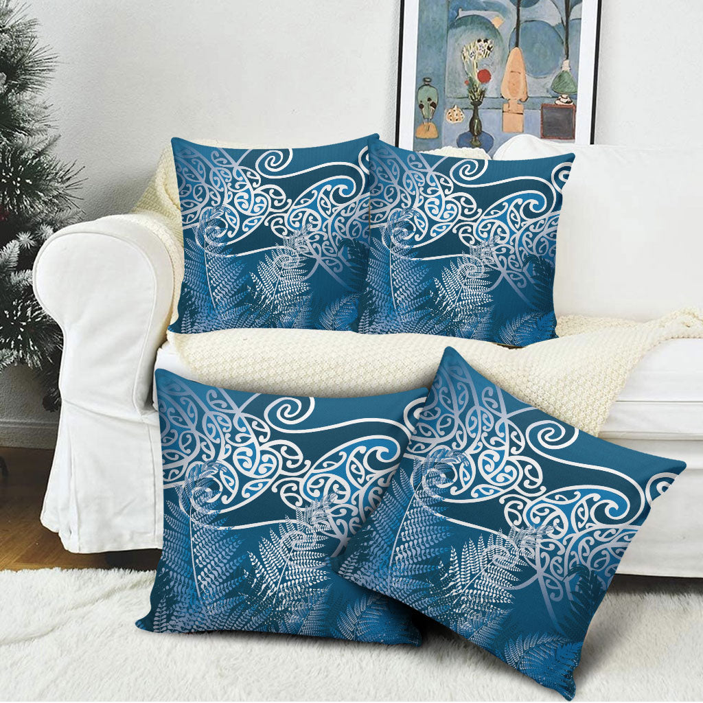 Aotearoa Maori Koru Curves Pillow Cover Silver Ferns - Navy Blue LT7 - Polynesian Pride