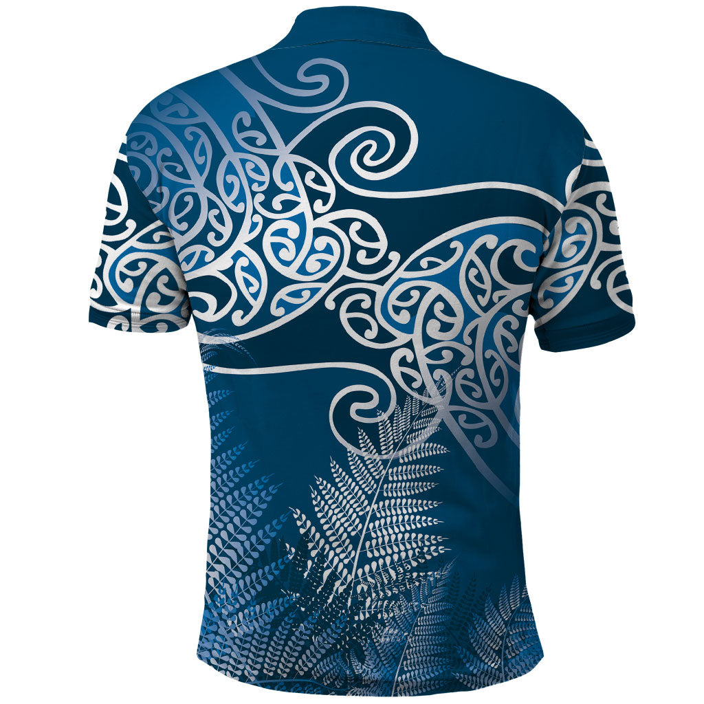 Aotearoa Maori Koru Curves Polo Shirt Silver Ferns - Navy Blue LT7 - Polynesian Pride