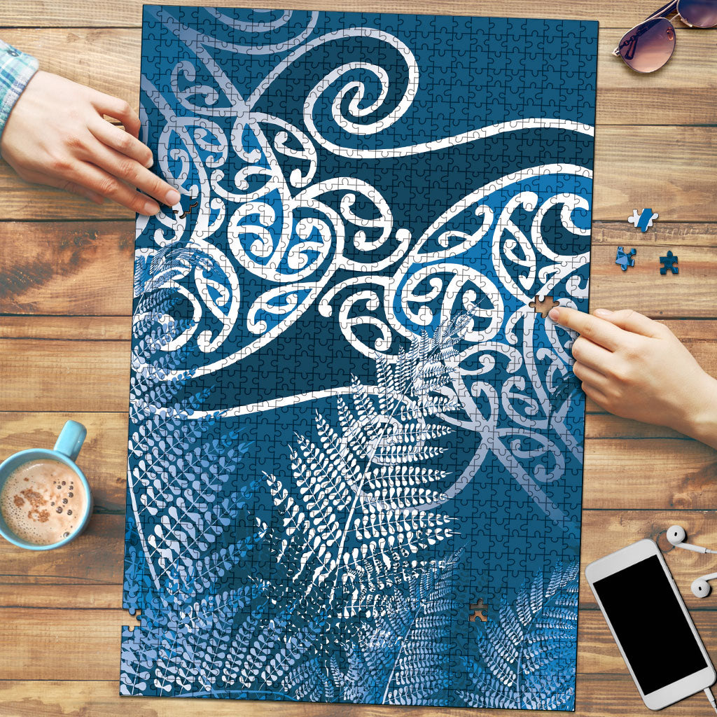 Aotearoa Maori Koru Curves Puzzle Silver Ferns - Navy Blue LT7 Navy Blue - Polynesian Pride