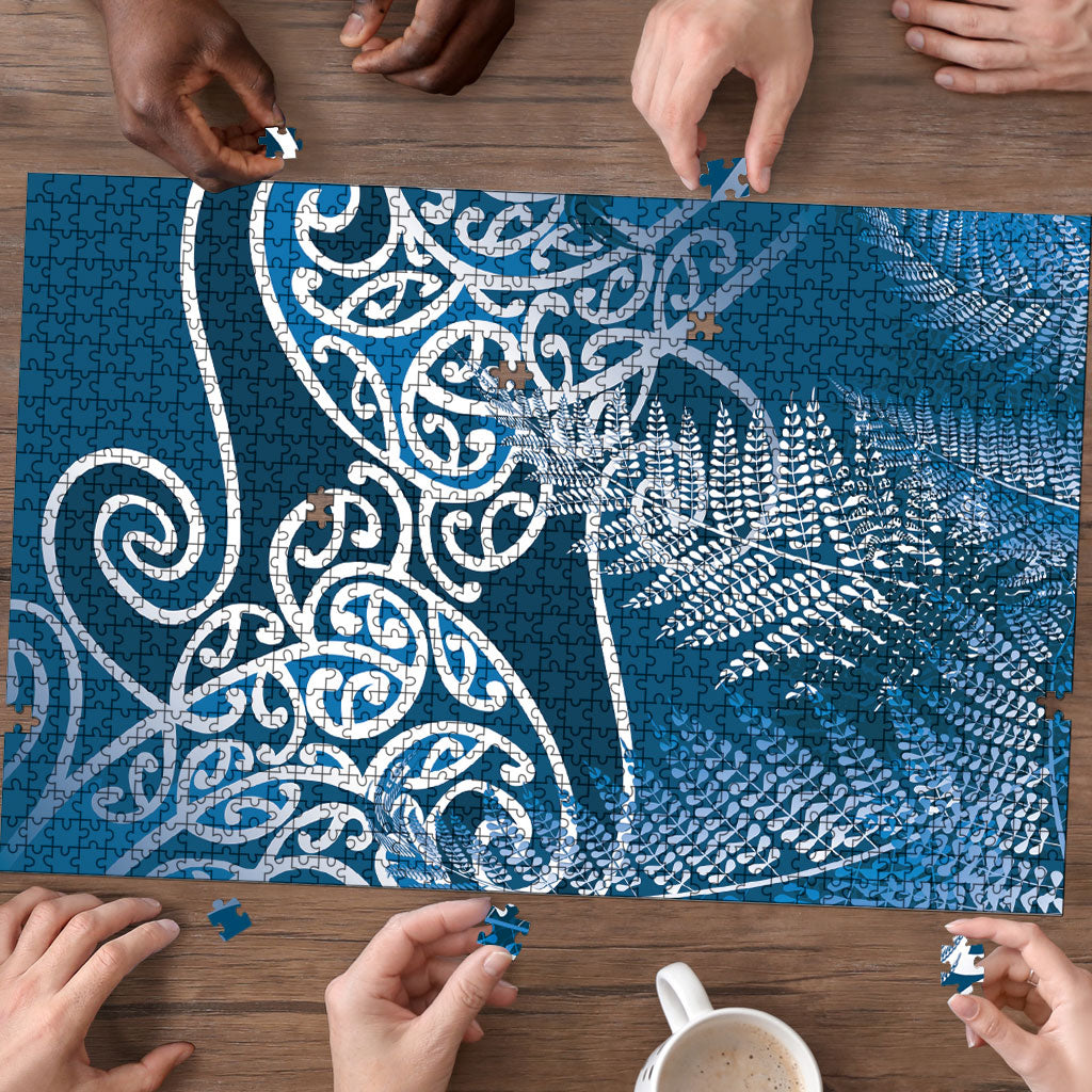 Aotearoa Maori Koru Curves Puzzle Silver Ferns - Navy Blue LT7 - Polynesian Pride