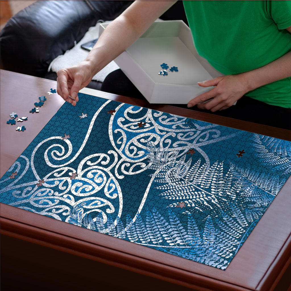 Aotearoa Maori Koru Curves Puzzle Silver Ferns - Navy Blue LT7 - Polynesian Pride
