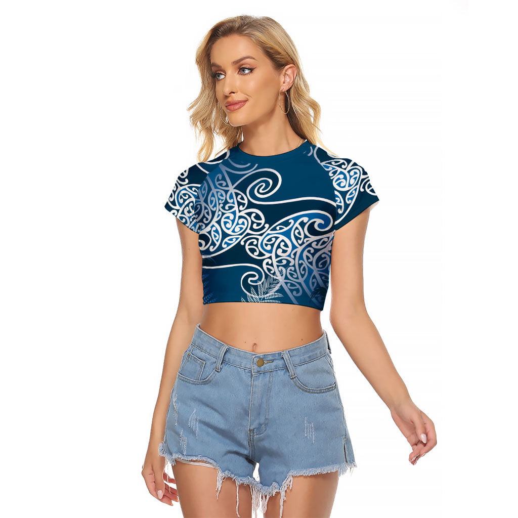 Aotearoa Maori Koru Curves Raglan Cropped T Shirt Silver Ferns - Navy Blue LT7 Female Navy Blue - Polynesian Pride