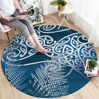 Aotearoa Maori Koru Curves Round Carpet Silver Ferns - Navy Blue LT7 - Polynesian Pride