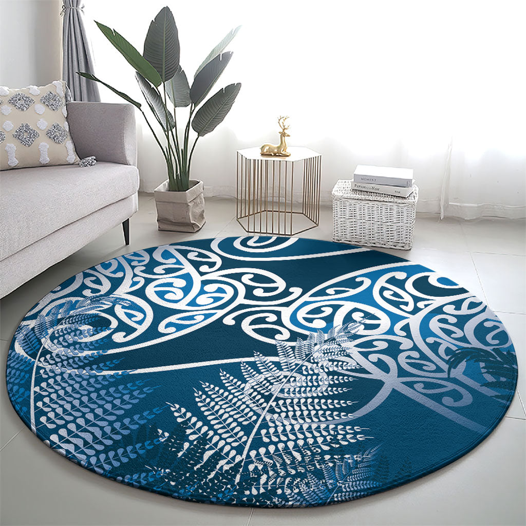 Aotearoa Maori Koru Curves Round Carpet Silver Ferns - Navy Blue LT7 - Polynesian Pride