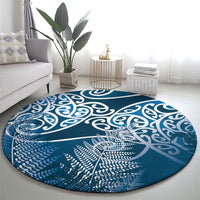 Aotearoa Maori Koru Curves Round Carpet Silver Ferns - Navy Blue LT7 - Polynesian Pride