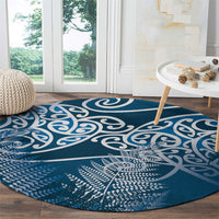 Aotearoa Maori Koru Curves Round Carpet Silver Ferns - Navy Blue LT7 - Polynesian Pride