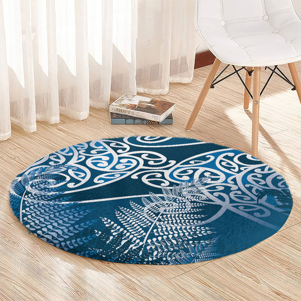 Aotearoa Maori Koru Curves Round Carpet Silver Ferns - Navy Blue LT7 - Polynesian Pride
