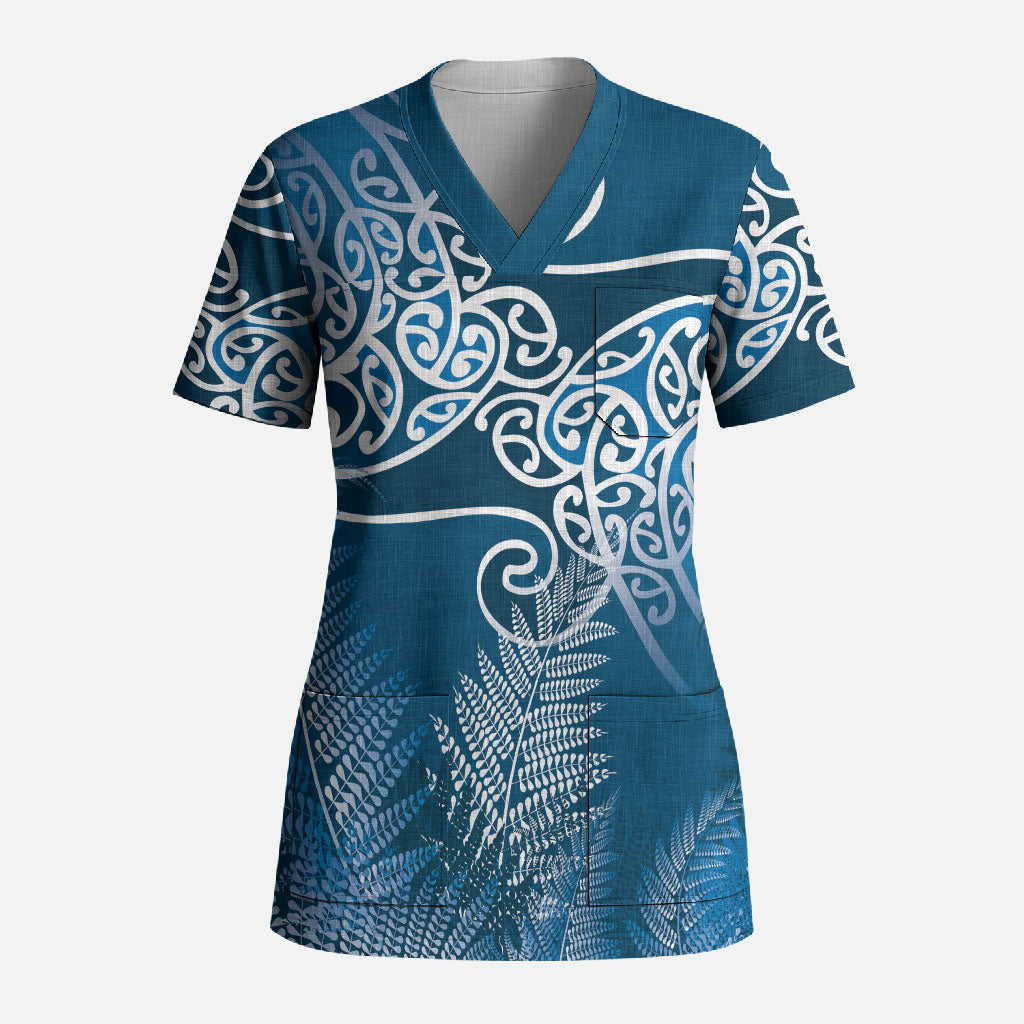 Aotearoa Maori Koru Curves Scrub Top Silver Ferns - Navy Blue LT7 Adult Navy Blue - Polynesian Pride
