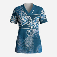 Aotearoa Maori Koru Curves Scrub Top Silver Ferns - Navy Blue LT7 Adult Navy Blue - Polynesian Pride