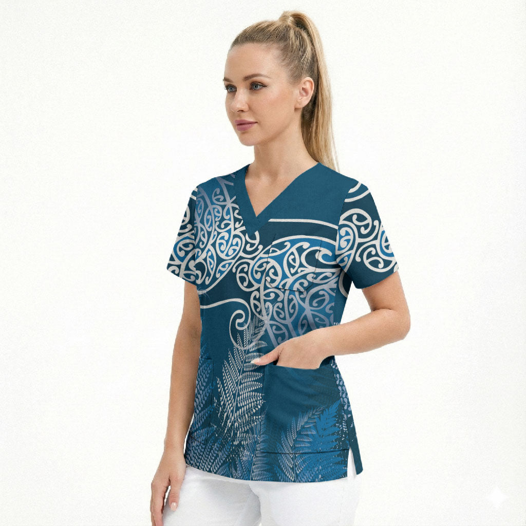 Aotearoa Maori Koru Curves Scrub Top Silver Ferns - Navy Blue LT7 - Polynesian Pride