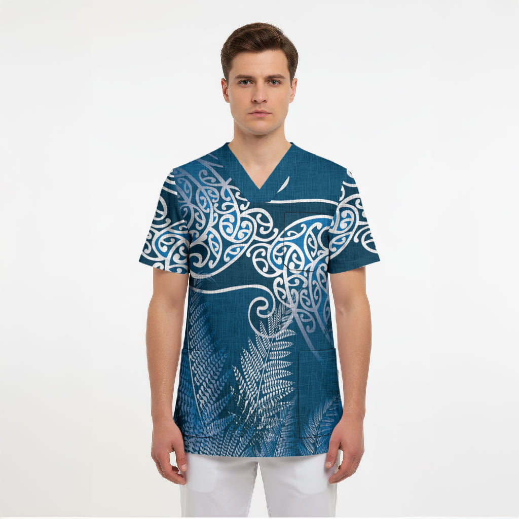 Aotearoa Maori Koru Curves Scrub Top Silver Ferns - Navy Blue LT7 - Polynesian Pride